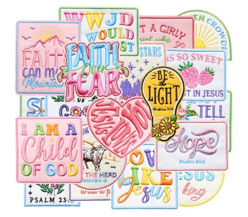 HEYTRCO 20PCS Large Faith Iron on Patches for Clothes, Religious Jesus Bible Embroidered Applique, Christian Quotes Sew or Iron-on Badge for Trucker Hat, Jackets, Jeans, Bags, Crafts, DIY Decorations