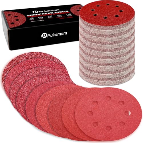 Pukamam 170 Pcs 5 inch Sanding Discs 40 60 80 120 180 240 320 400 600 Grit 8 Hole Hook and Loop Round Sandpaper for Random Orbital Sander