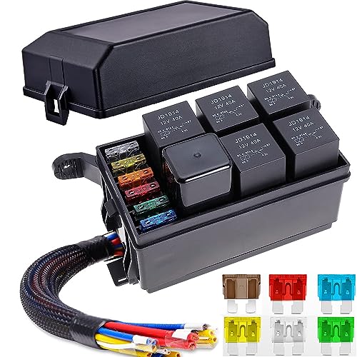 Gebildet 12V Fuse and Relay Box with 5pcs 5-Pin JD1914 40A Relay and 1pc 4-Pin Relay 6 ATC/ATO Blade Fuse, Universal Waterproof Fuse Relay Box for Automotive Car Truck Marine Boat