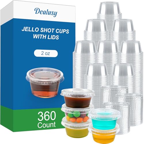 Dealusy 360 Set 2 oz Jello Shot Cups with Lids, Sturdy & Food Safe Disposable Plastic Portion Condiment Dipping Sauce Cups, Small Containers for Salad Dressing
