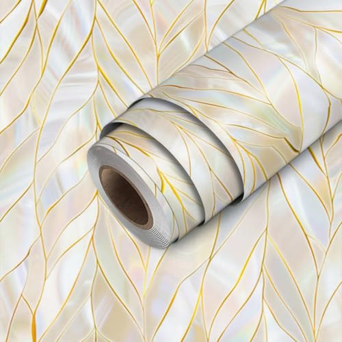HOMETITUTE Pearl Leaf Wallpaper Peel and Stick Gold Marble Contact Paper Wall Paper Stick 17.7" x 118.1" Self Adhesive Vinyl Wall Covering for Entryway Vanity Accent Wall Decor