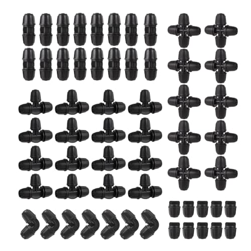 FOGWOWO 150 Pcs Irrigation Tubing Fittings Kit,1/4 Inch Locked Barbed Connectors Drip Irrigation Kit for Garden Watering System (50 Couplings,50 Tees,20 Elbows,20 End Plugs,10 Four-Way)