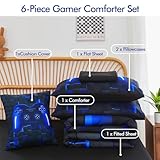 PERFEMET Twin Size Bed in A Bag 6 Pieces Gaming Bedding Set for Boys Blue Gamer Comforter with Sheet Set for Kids Teen Cool Video Game Black Quilt Bedding Set(Blue, Twin)