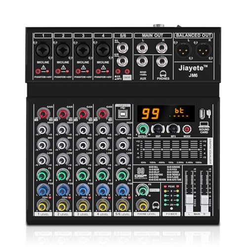 6 Channel DJ Mixer, Professional Audio Mixer, Metal, DSP 99 Preset Effects, Bluetooth Sound Board, 48V Phantom Power, Black USB Xlr Music Streaming Mini Mixing Console, Pa Mixer for PC, Podcast