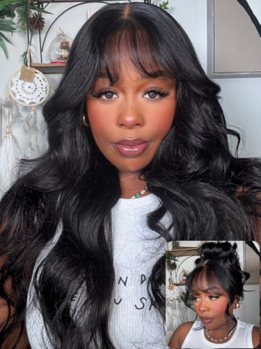 UNICE Pre Everything Body Wave 13x4 Lace Front Wigs Human Hair with Curtain Bangs Glueless Wig Human Hair Pre Plucked Pre Cut Lace Bleached Knots Ready to Wear Frontal Wig Black Color 20 inches
