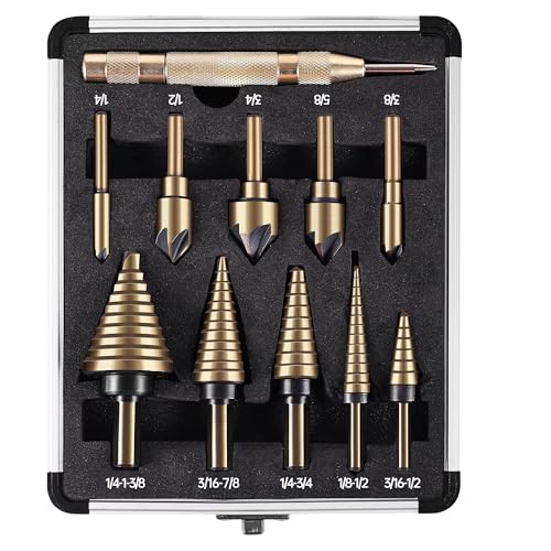 5Pcs Step Drill Bit & 5Pcs Countersink Drill Bit Set, Titanium Coated, HSS Step Bit, 50 Sizes of Step Bit for Metal with Aluminum Case, Multiple Hole Stepped Up Bits for DIY