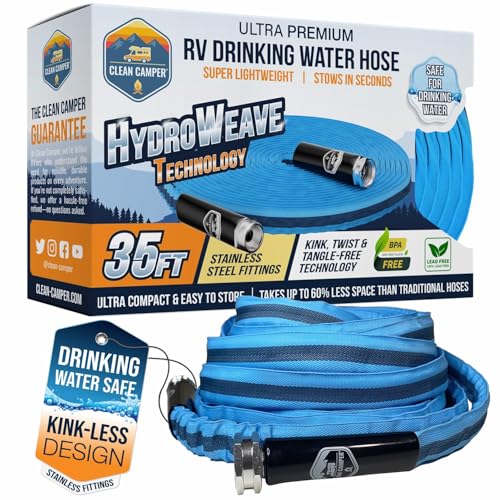RV Fresh Water Drinking Hose 35' by Clean Camper- Kink Free Design | Non Leaching | Non Toxic | Stainless Steel Fittings | Durable Camping RV Hose
