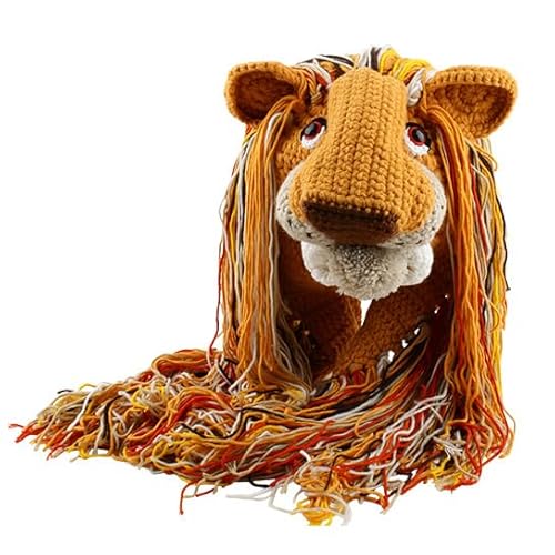OMLAMP Y2k Beanie for Women Lion Crochet Hats Beanies Handmade Hat Knitting Mens Grunge Warm Tassels Knitted Cap (Lion's Head,One Size)