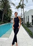 OQQ Women Yoga Jumpsuits Ribbed Crew Neck Sleeveless Bell Bottoms Flare Jumpsuits Black