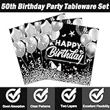 OBUSATT 96PCS 50th Birthday Party Supplies Black and White Silver 50th Happy Birthday Paper Plates Napkins 50th Party Decorations 50 Years Old Dinnerware Party Favor Men Women Tableware Serves 24