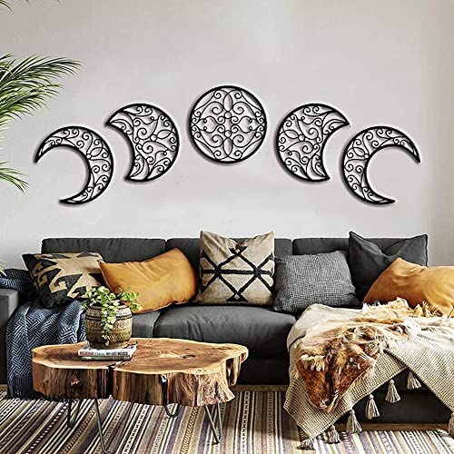 Moon Wall Decoration, Moon Phase Wall Art Decoration Hanging (5 Pieces) Nordic Wood Moon Appearance Natural Design Moon Interior, Boho Bedroom Decor Home Wall Decor (Black)