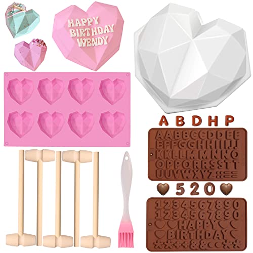 Breakable Heart Molds for Chocolate with Hammer, Heart Silicone Mold for Baking 8 Cavity Diamond Heart Shaped Mold, 8.8" Large Breakable Heart Mold Kit for Valentine Candy Making