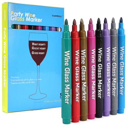 GAINWELL Metallic Wine Glass Markers – Pack of 8 Food-Safe Non-Toxic Wine Glass Marker Pens - Can also be Used on Ceramic Plates and other Glass and Dinnerware