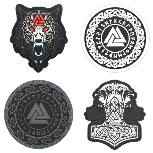 ATHIPATCHES Military Morale Patches - Norse Viking Set of 4 Pieces: Wolf, Thor Hammer Mjolnir, Odin Valknut Symbol Celtic Art, PVC Rubber Tactical Emblem with Hook and Loop Fastener Backing