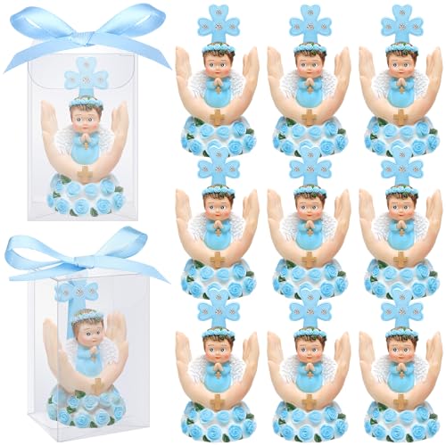 24 Set Baptism Favors Boy Baby Angel on Palm Religious Keepsake Bulk Blue Resin Baby Figurine Statue with Box and Bow Baptism Decoration for boy