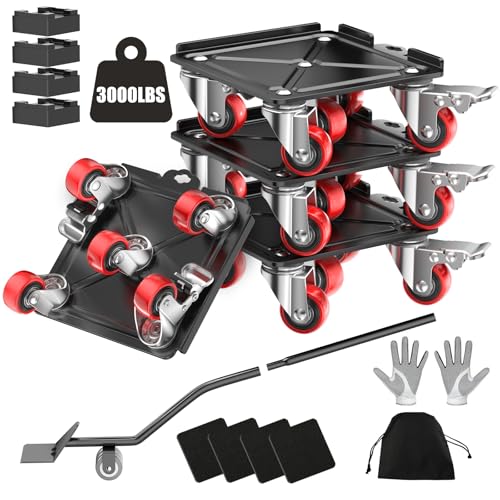 LOYAL TIGER Heavy Duty 3000LBS Furniture Dolly & Movers with 5 Wheels & Brake - 360° Rotating Moving Dolly for Furniture, Piano, Appliances - 6.4 Inch Non-Slip Sliders, Red