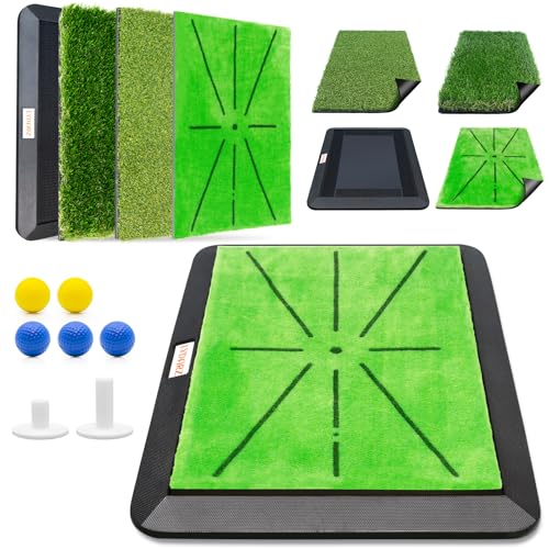 Golf Hitting Mats Training Equipment, Golf Practice Mat with Instant Swing Path Feedback, 3 Replaceable Golf Training Mats with No-Slip Heavy Duty Rubber Base, Rough/Fairway/Divot Golf Mat