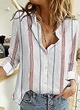 Astylish Women Long Sleeve Striped Print Linen Blouses Button Down Shirt Work Clothes for Women Office Stripe Medium