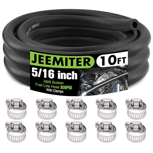 Jeemiter 5/16 Inch (8mm) ID Fuel Line Hose 10FT NBR Neoprene Rubber Push Lock Hose High Pressure 300PSI for Automotive Fuel Systems Engines with 10 Clamps