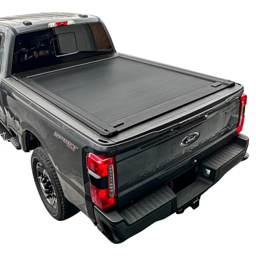 Syneticusa MR Retractable Hard Truck Bed Tonneau Cover T-Slot Rails Fits 2008-2025 Ford F-250/350 Super Duty 6' 10" Box Powder Coated Matte Black Aluminum Waterproof Accessories