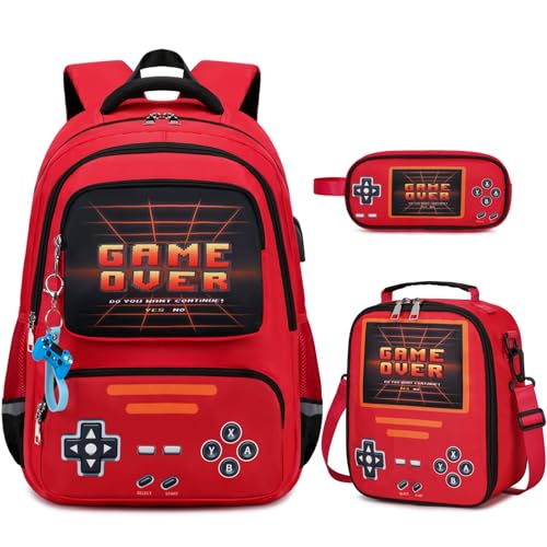 ACESAK Gamer Backpack for Boys - Cool Luminous School Backpack for Boys with Lunch Bag Pencil Case - Kids Boys Backpack Elementary Middle School Book Bags for Teen Boys with USB Charging Port (Red