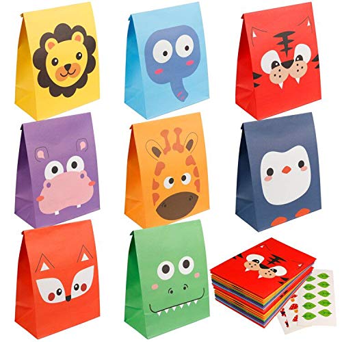 Mocoosy 24 PCS Animal Party Favor Gift Bags, Kids Goodie Bags for Birthday Party, Small Gift Bags Bulk Paper Candy Treat Loot Bags for Kids School Classroom Valentine's Easter Party Supplies