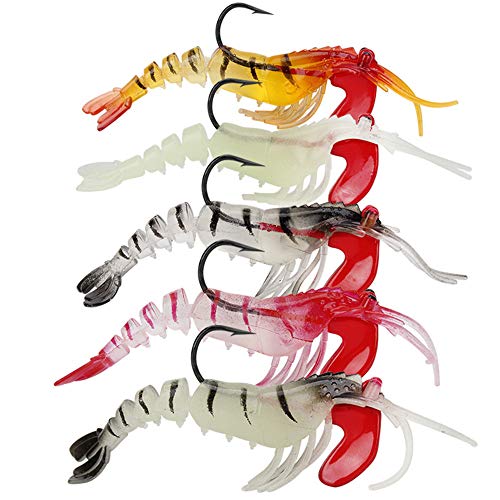 Persei Rigged Lead Head Jigs Soft Shrimp Lures 5Pcs/Box Fishing Bait Luminous Artificial Silicone Lures with Hook Fishing Tackle for Freshwater/Saltwater