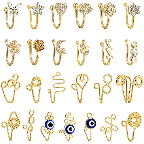 TAMHOO 25 Pcs Multi-Style Fake Nose Rings for Women and Men - 14k Gold Plated Copper African Nose Cuff Non Piercing for Teen Grirls - Small Clip On Nose Ring Set,Fake Nose Piercing Ring (#1)