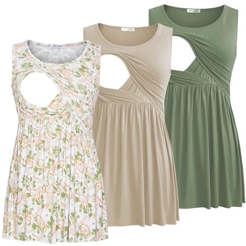 Bearsland Women's Maternity Nursing Tank Tops Sleeveless Scoop Neck Breastfeeding Shirt Pregnancy Clothes, Khaki&Gray Green&Green White Flower,L