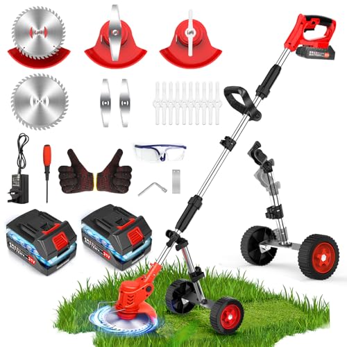 Electric Weed Wacker Cordless W/Metal Blade,Stringless Weed Eater Battery Powered 4000mAh 21V, 3 in 1 Grass Trimmer Brush Cutter Lawn Edger Mower, Weed Trimmer Wheel Yard Garden Tool. 2 Battery