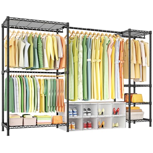 Ulif E10 Clothes Rack（With Stretchable Hanger Rod）Freestanding Clothing Racks for Hanging Clothes，Adjustable Closet Organizer System，Portable Garment Rack 73-97"W x 15" D x 72" H，Max Load 800LBS，Black