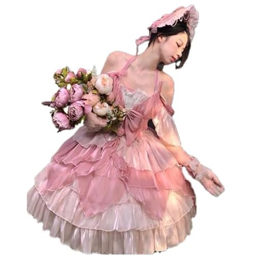 Pink Lolita Dress Women Summer Sleeveless JSK Lolita Dress Sweet Hurdleneck Lolita Dress Birthday Party Dress for Young Girls (Pink Full Set, XL)