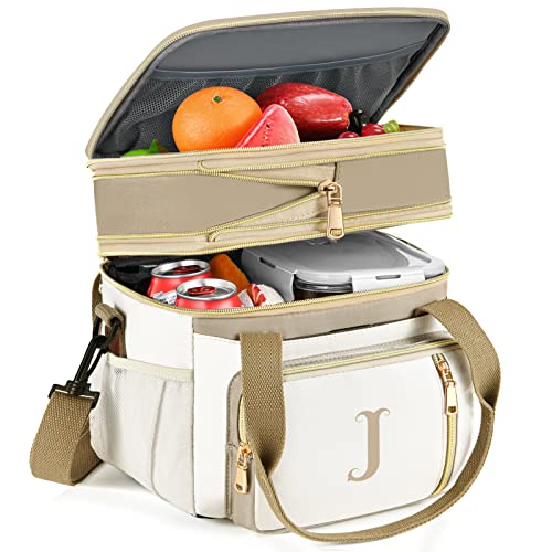 LOKASS Personalized Lunch Bag for Women Work, 16L Initial Insulated Lunch box for Adult/Womens Gift, Leakproof Personalized Gift Lunchbag with Adjustable Shoulder Strap, Cooler Bag Beige - J