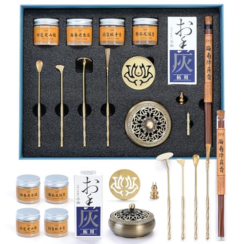 Yoga & Meditation Incense Holder Kit, 13 pcs DIY Copper Incense with Brass Burner, Brass Seal Mold, Base Tools, 4 Kinds of Scented Powder, for Relaxation, Home Fragrance