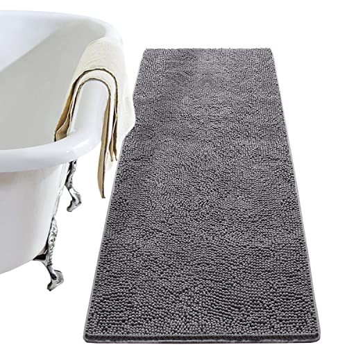 LOCHAS Luxury Bathroom Rug Shaggy Bath Mat 24 x 70 Inch, Washable Non Slip Bath Rugs for Bathroom Shower, Soft Plush Chenille Absorbent Carpets Mats, Gray