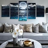 5 Parts Wall Art Moon Sea Ocean Landscape Picture Canvas Wall Art Print Paintings Modern Artwork for Living Room Wall Decor and Home Décor Framed Ready to Hang,1inch Thick Frame, Waterproof Artwork