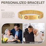 Personalized Medical ID Bracelets for Men - Custom Emergency Alert Bracelet for Women Engraved Medic Info Elastic Stainless Steel Bracelets for Family Autism Allergy Diabetic Epilepsy (Gold, 18cm)