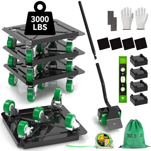 NEST EASY Heavy Duty Furniture Dolly 360° Rotating 5 Wheels, Alloy Steel Furniture Movers Up to 3000 lbs/1360 Kg Load Capacity with Measure Tape and Leveler (5.3x5.3 in)
