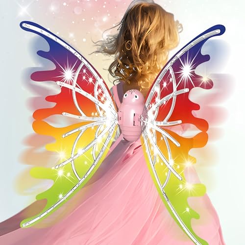 ROHSCE Electric Fairy Butterfly Wings with LED Lights and Music, Light up Moving Wings Fairy Costume Dress up Halloween Christmas Birthday Party Gift for Girls 3 4 5 6 7 8 Year Old