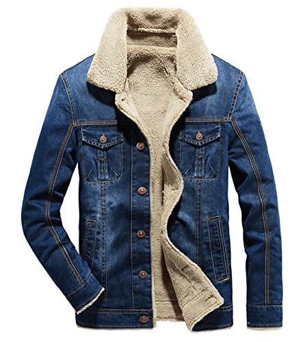 Fuwenni Men's Sherpa Fleece Lined Denim Trucker Jacket Winter Jean Jacket Cowboy Coat Parka Blue XL