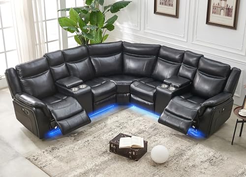 Manual Sectional with Recliners,Ambient Floor Lighting,Faux Leather Reclining Sectionals Sofa for Living Room L Shape Corner Couch with AC/USB Port,Cup Holder, Storage Console,2 Recliner Seat,Black