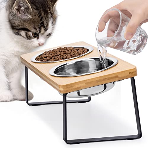 Elevated Cat Bowls for Food and Water - Loplurea 15° Tilted Raised Stainless Steel Cat Food Bowl with Bamboo Stand and Anti Vomit Feeding Station for Indoor Cats and Pet…