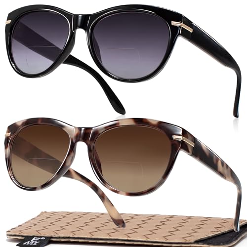 EASY READ 2 Pack Bifocal Reading Sunglasses for Women,Trendy Sunglasses Readers UV400 Protection(Magnification 2.50,Black/Demi)