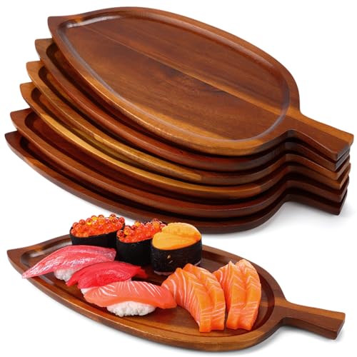 Rtteri 6 Pcs Acacia Wood Serving Trays 13" x 5.5" Novelty Leaf Shaped Wooden Dinner Plates for Snacks, Cookies, Fruits Cheese Display Food Dish Home Office