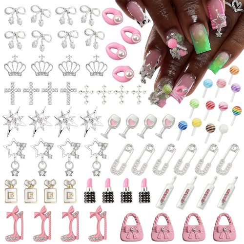 Pizadix 84 pcs 3D Sliver Pink Nail Charms Y2K Set Cute Nail Charms with Stars, Crowns, Crosses,Bins,Lollipops, Lips, Bottles, Cups, Perfume, Lipsticks, Bags, and Heels for Nail Art