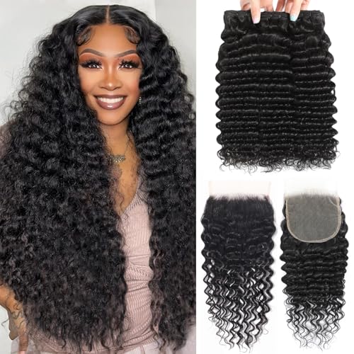 12A Human Hair Bundles with Closure-Deep Wave Bundles 20 22 24+18 Inch 5x5 HD Lace Closure Water Wave, Wet and Wavy 100% Brazilian Virgin Deep Curly 3 Bundles Human Hair Quick Weave Bundle for Women