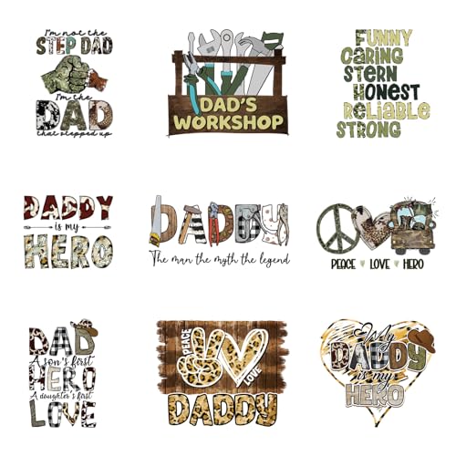 9Pcs Daddy Hero Iron On Decals for Clothing DIY Heat Transfer Vinyl Stickers for T-Shirt Jean Pillow Cover Craft Appliques Decor