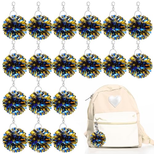 Remuuly 20 Pcs Cheer Pom Pom Keychain Cheerleader Gifts Cheerleading Keyring Charm Foil with Keychain Hooks for Women Accessories (Blue Gold)