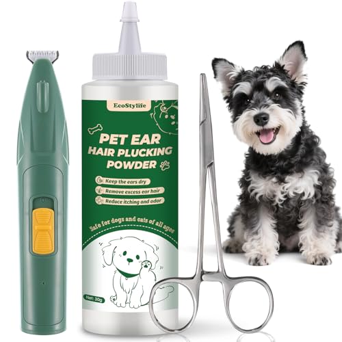 Dog Ear Hair Removal Tool, Dog Ear Powder for Hair Removal 30g, 5.5-Inch Hemostat & Electric Dog Ear Trimmer, For Dog Ear Infection Treatment, Removing Earwax & Odor (ear powder+5.5 inch+Trimmer)