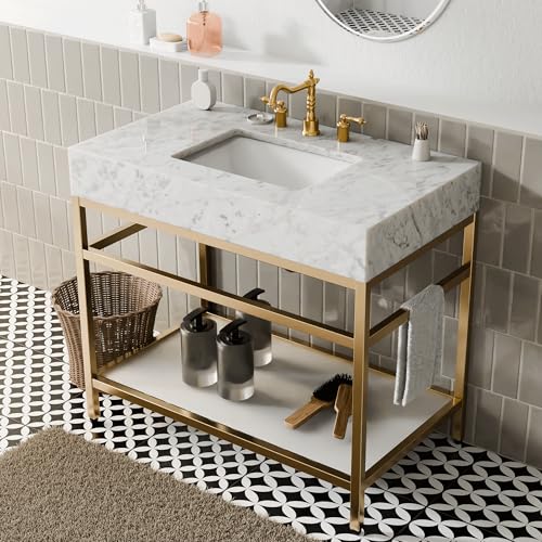 GESIPOR Bathroom Carrara Marble Vanity with Sink 36" x 21" Freestanding Console Sink with Tempered Glass Shelf Cabinet Utility Sink for Washing Room Laundry Room (Golden Legs)